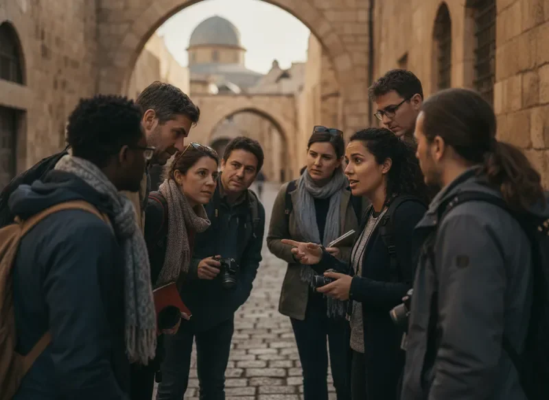 קבוצת מטיילים מאזינה למדריכה בעיר העתיקה בירושלים