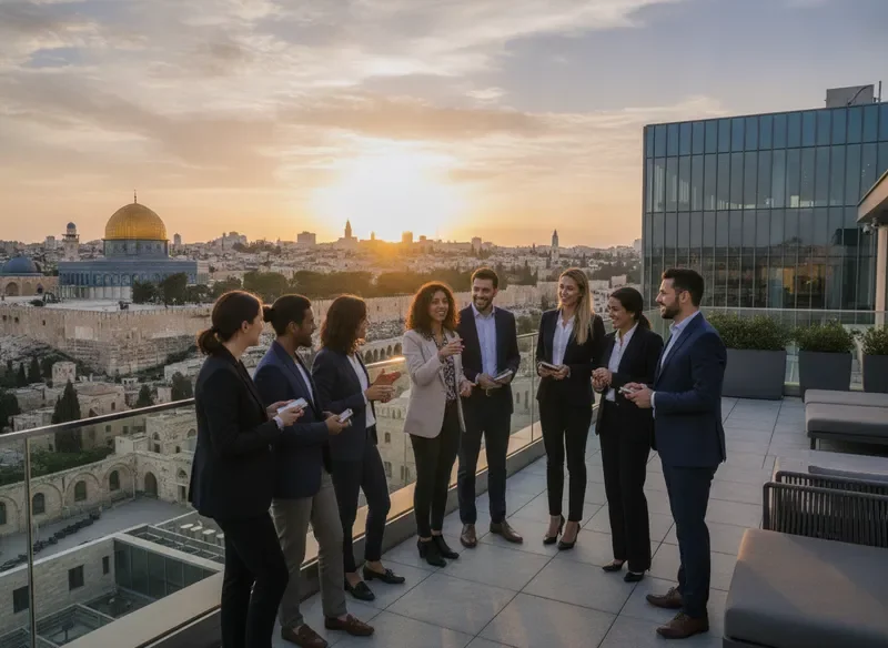 קבוצת אנשי הייטק בסיור גגות בירושלים מול נוף כיפת הסלע