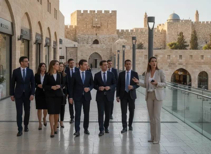 משלחת עסקית בינלאומית בסיור מודרך בממילא מול חומות העיר העתיקה
